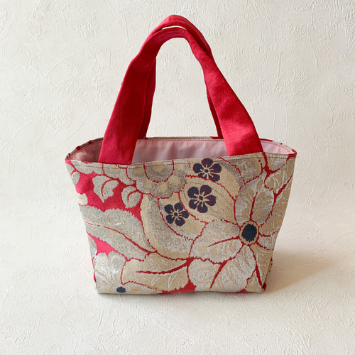 帯リメイクトートバッグ 赤にゴールドの花柄 トートバッグ GURI SHELLY