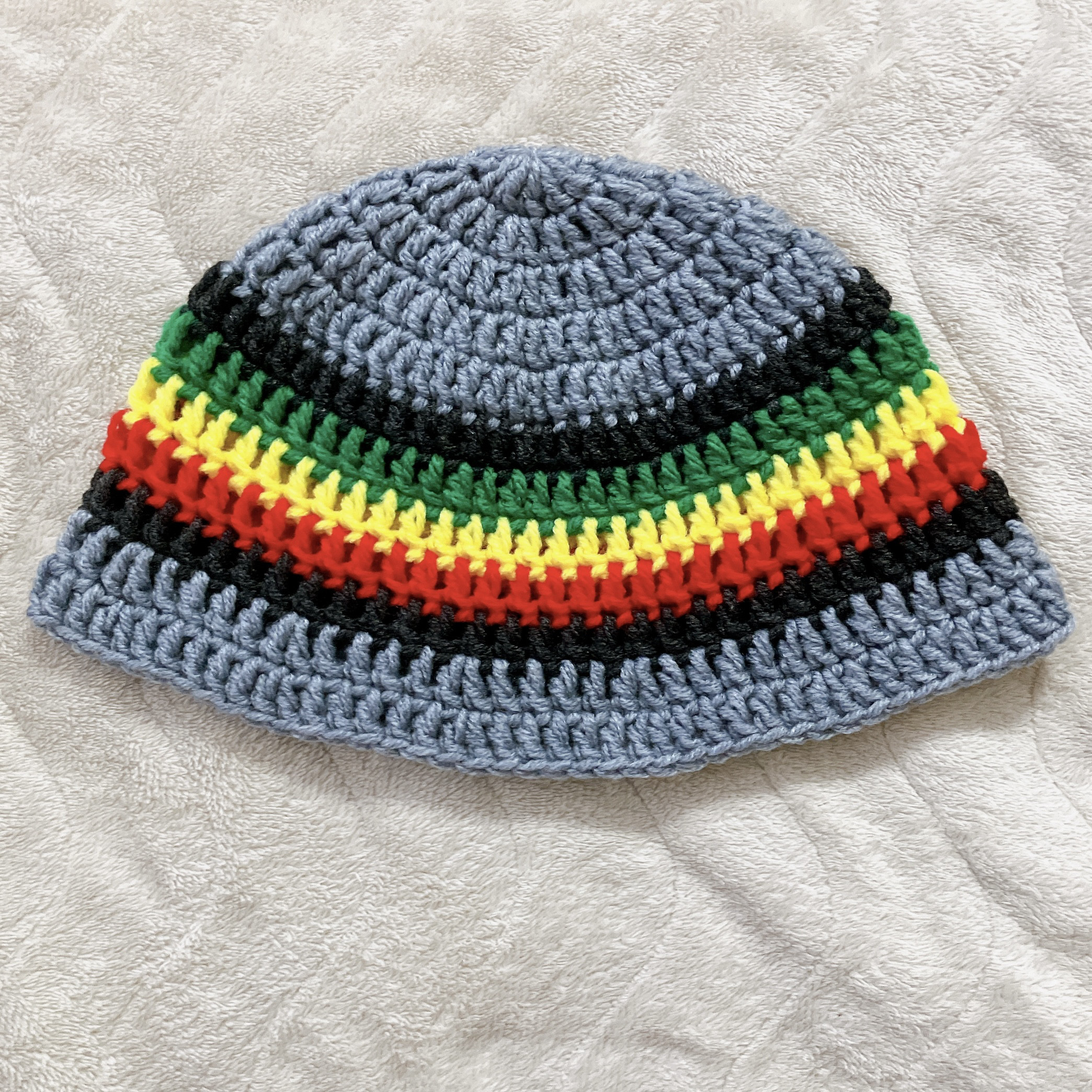 クラッシャーハット　クロシェハット　バケットハット　帽子　男女兼用　ラスタカラー　グレー