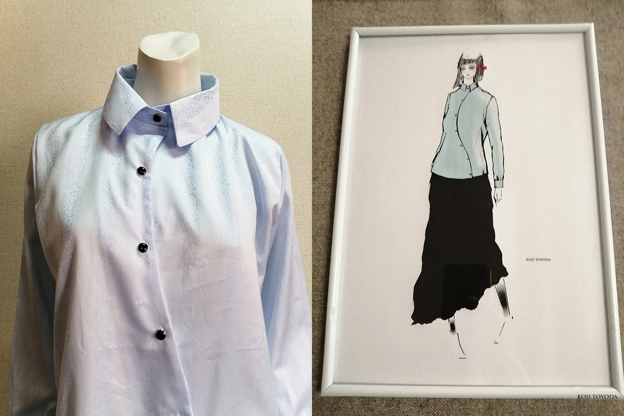 【1点もの・デザイン画付き】播州織ドビーストライプサックス水色生地湾曲アシメトリーブラウス（KOJI TOYODA）