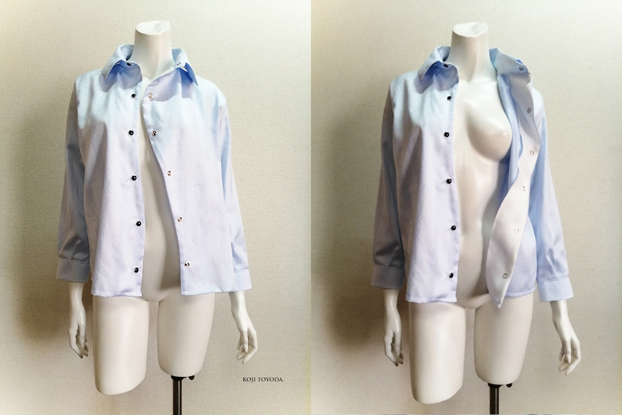 【1点もの・デザイン画付き】播州織ドビーストライプサックス水色生地湾曲アシメトリーブラウス（KOJI TOYODA）
