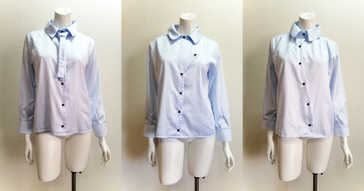 【1点もの・デザイン画付き】播州織ドビーストライプサックス水色生地湾曲アシメトリーブラウス（KOJI TOYODA）