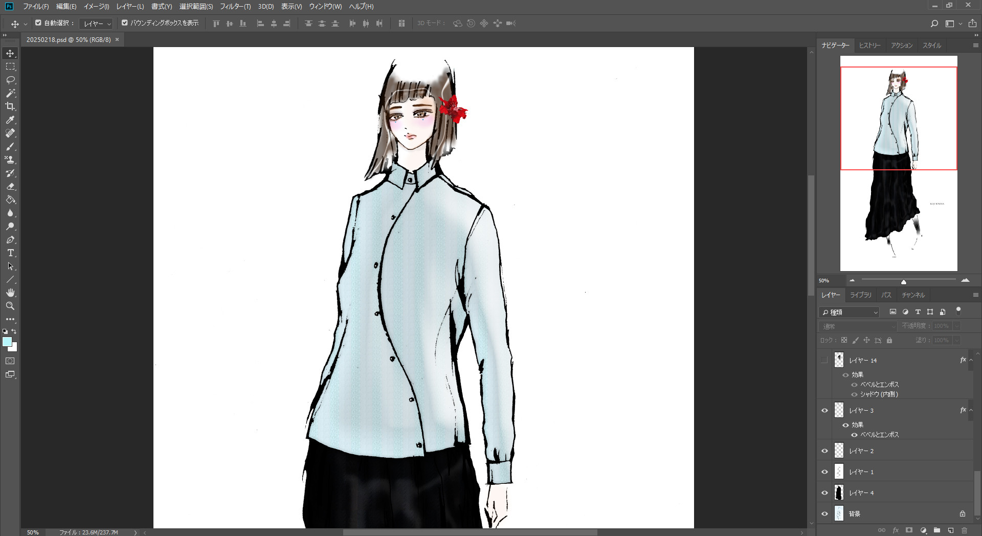 【1点もの・デザイン画付き】播州織ドビーストライプサックス水色生地湾曲アシメトリーブラウス（KOJI TOYODA）