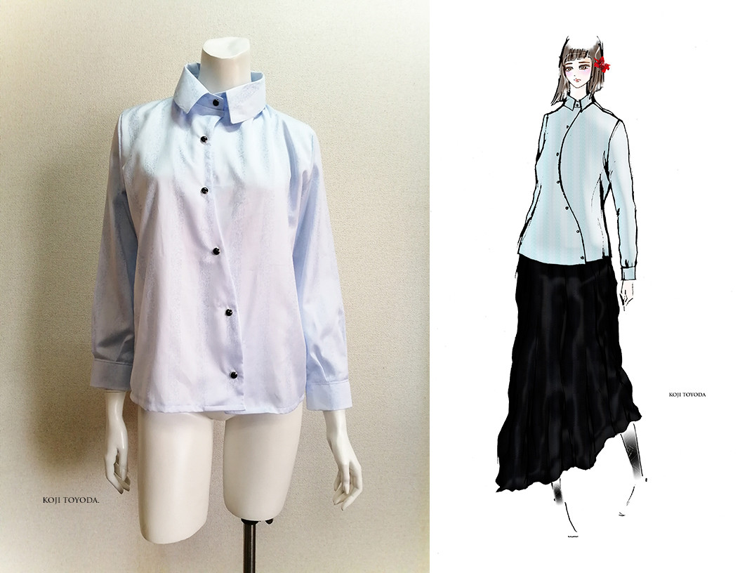 【1点もの・デザイン画付き】播州織ドビーストライプサックス水色生地湾曲アシメトリーブラウス（KOJI TOYODA）