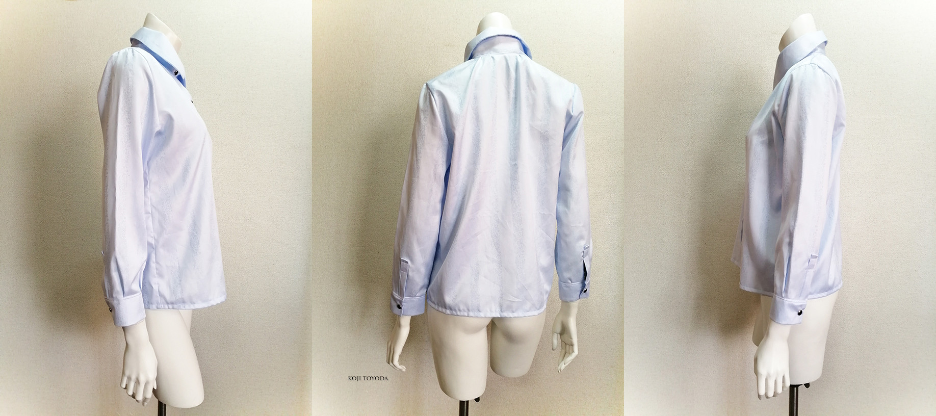 【1点もの・デザイン画付き】播州織ドビーストライプサックス水色生地湾曲アシメトリーブラウス（KOJI TOYODA）