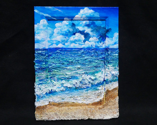 油絵 油彩 油彩画 絵 絵画 【夏の砂浜の海】ミニ絵画 絵画 HR