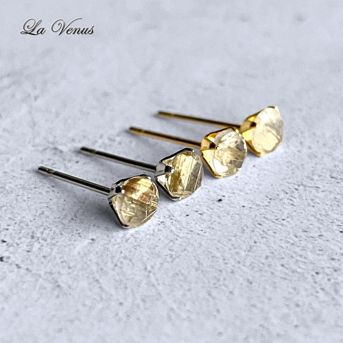 ✴︎つけっぱなしOK✴︎ 天然 ゴールドルチルクォーツ 一粒ピアス 4mm