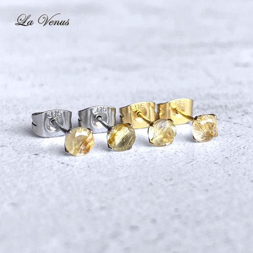 ✴︎つけっぱなしOK✴︎ 天然 ゴールドルチルクォーツ 一粒ピアス 4mm