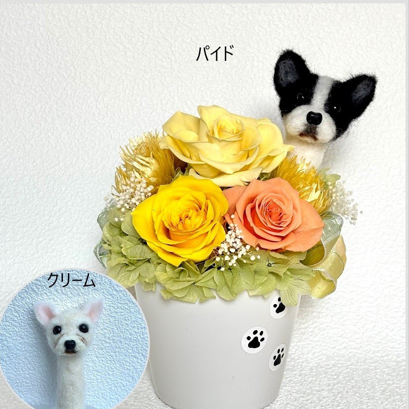 ちょこんと顔出す フレンチブルドッグ（右側）＆プリザーブドフラワー（黄色系）/羊毛フェルト　フレブル　犬　花　米寿祝い