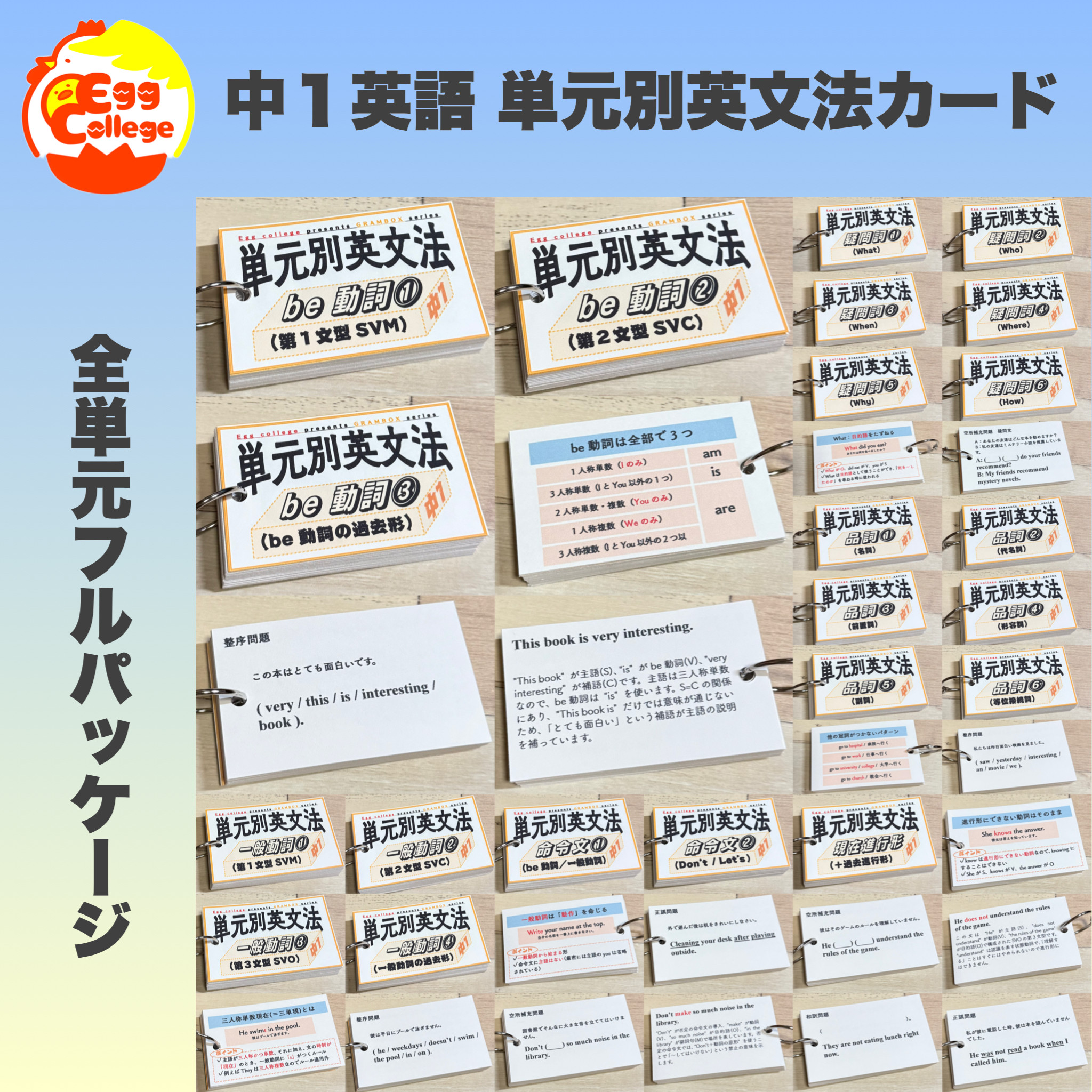 【中1フルパッケージ】単元別英文法カード　中学生　テスト　復習　学習　勉強　暗記カード　暗記カード　英単語