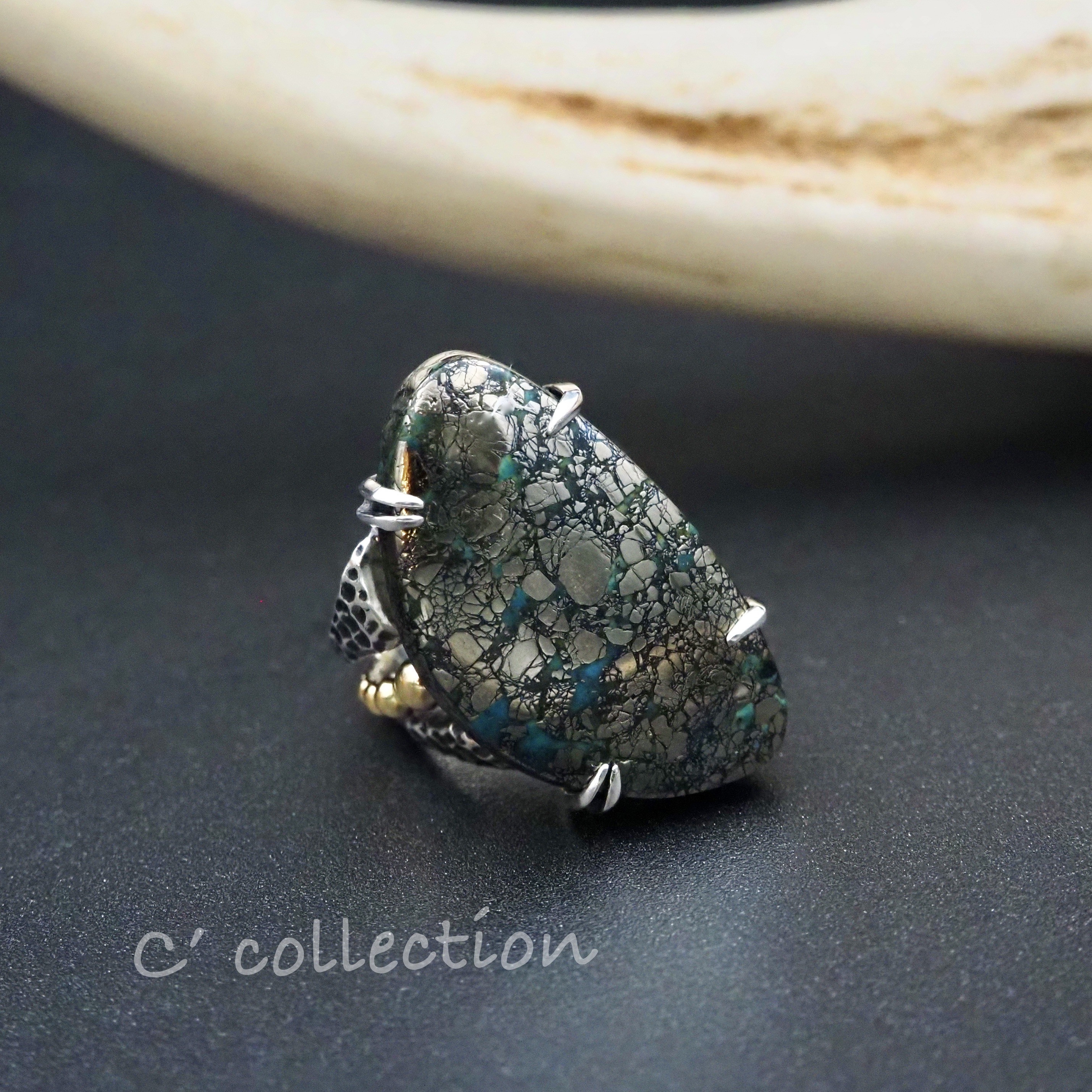 CR-12 Silver&K18 Ring with Nacozari Turquoise 号　一点物　コンビ　リング
