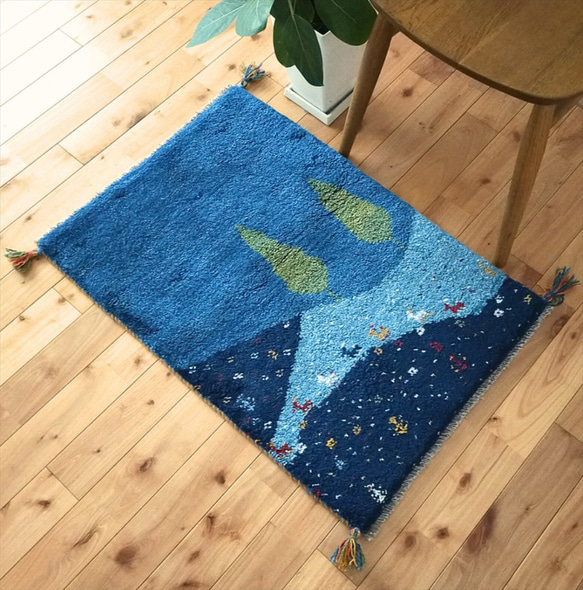 ペルシャ ギャッベ 玄関マット ラグ 86x58cm 夜の風景 夜空 丘 糸杉