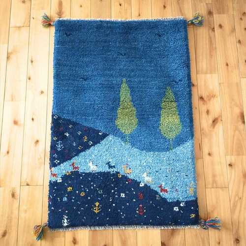 ペルシャ ギャッベ 玄関マット ラグ 86x58cm 夜の風景 夜空 丘 糸杉