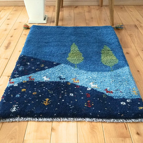 ペルシャ ギャッベ 玄関マット ラグ 86x58cm 夜の風景 夜空 丘 糸杉