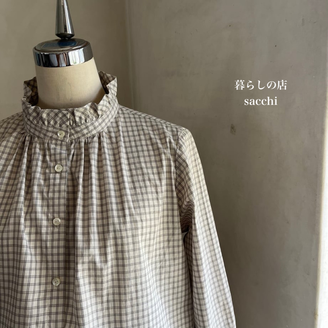アネモネブラウス　コットン　オーガニックチェック　キナリ×ベージュ　　　＊暮らしの店sacchi＊