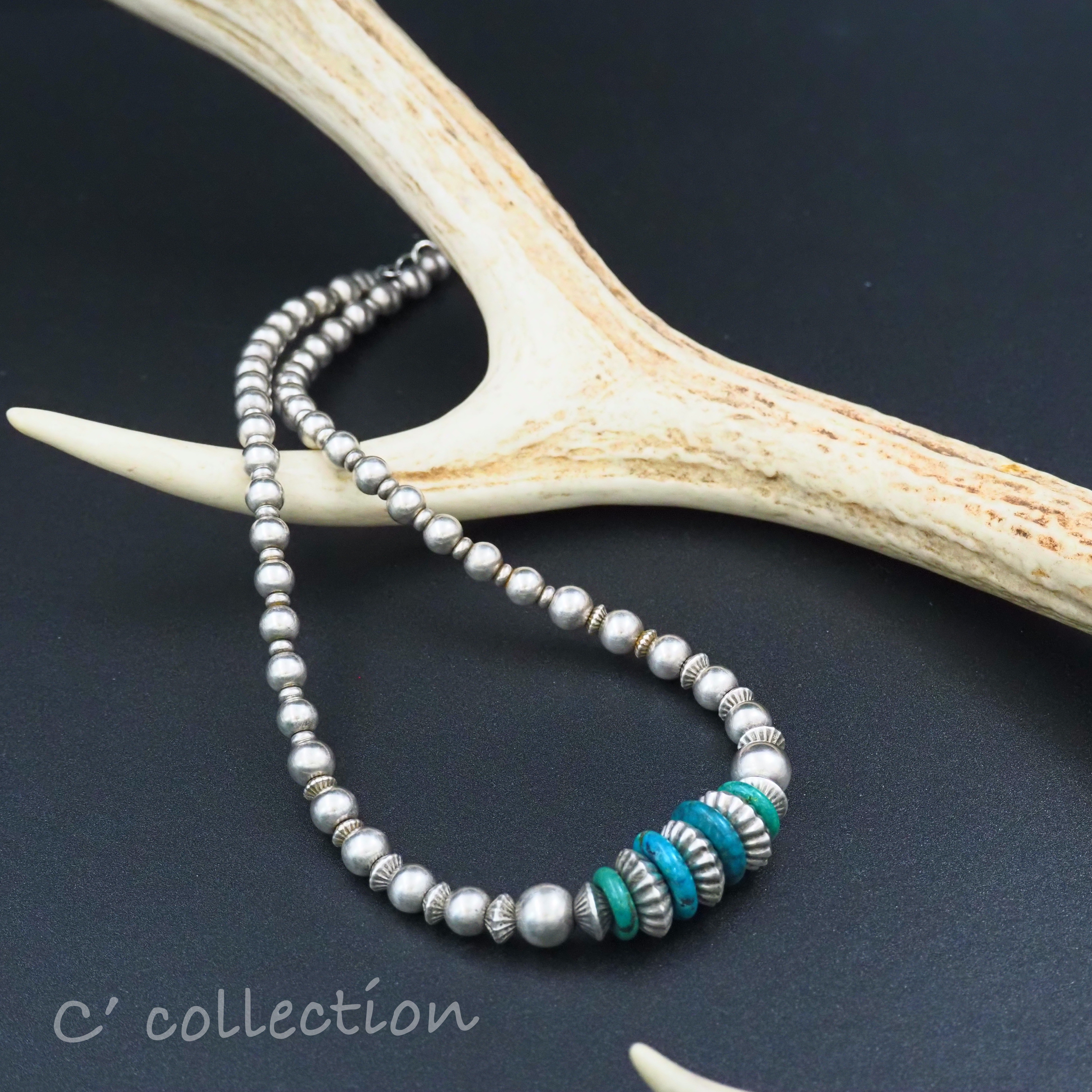 C2N-27 ナバホパール ＆ ターコイズ ネックレス　ハンドメイドビーズ　52cm  P-disk Silver950