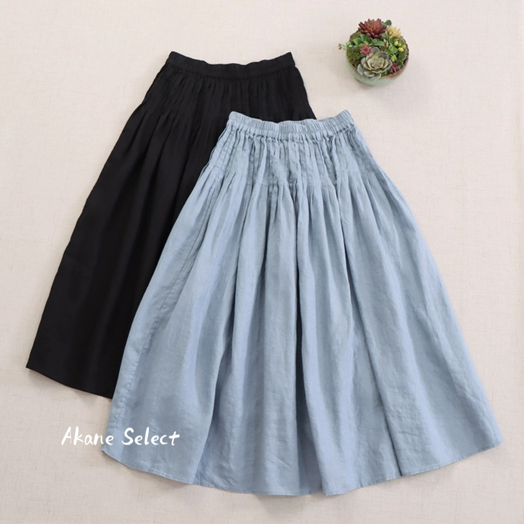 【リネン100%の★8分丈スカート】オルガンプリーツ│体型カバー│ウエストゴム│森ガール│シンプル│B-48LB