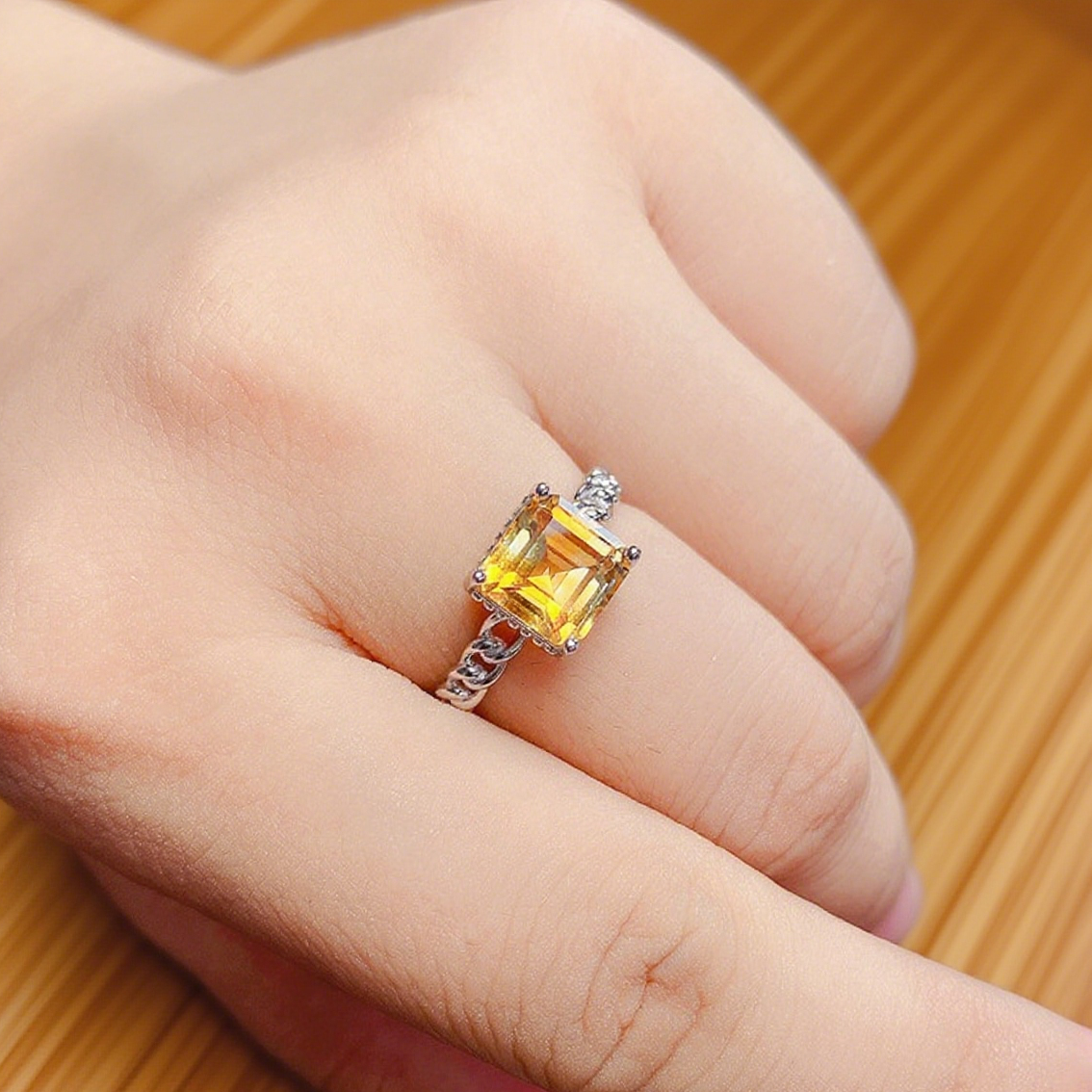 925 銀製|天然シトリンリング|サイズ調整可能|職人による手作り