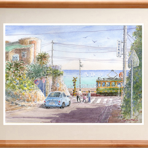 ダンス　水彩画　原画 注文制作します 水彩画原画 江ノ電鎌倉高校前踏切 21 ＃418 絵画