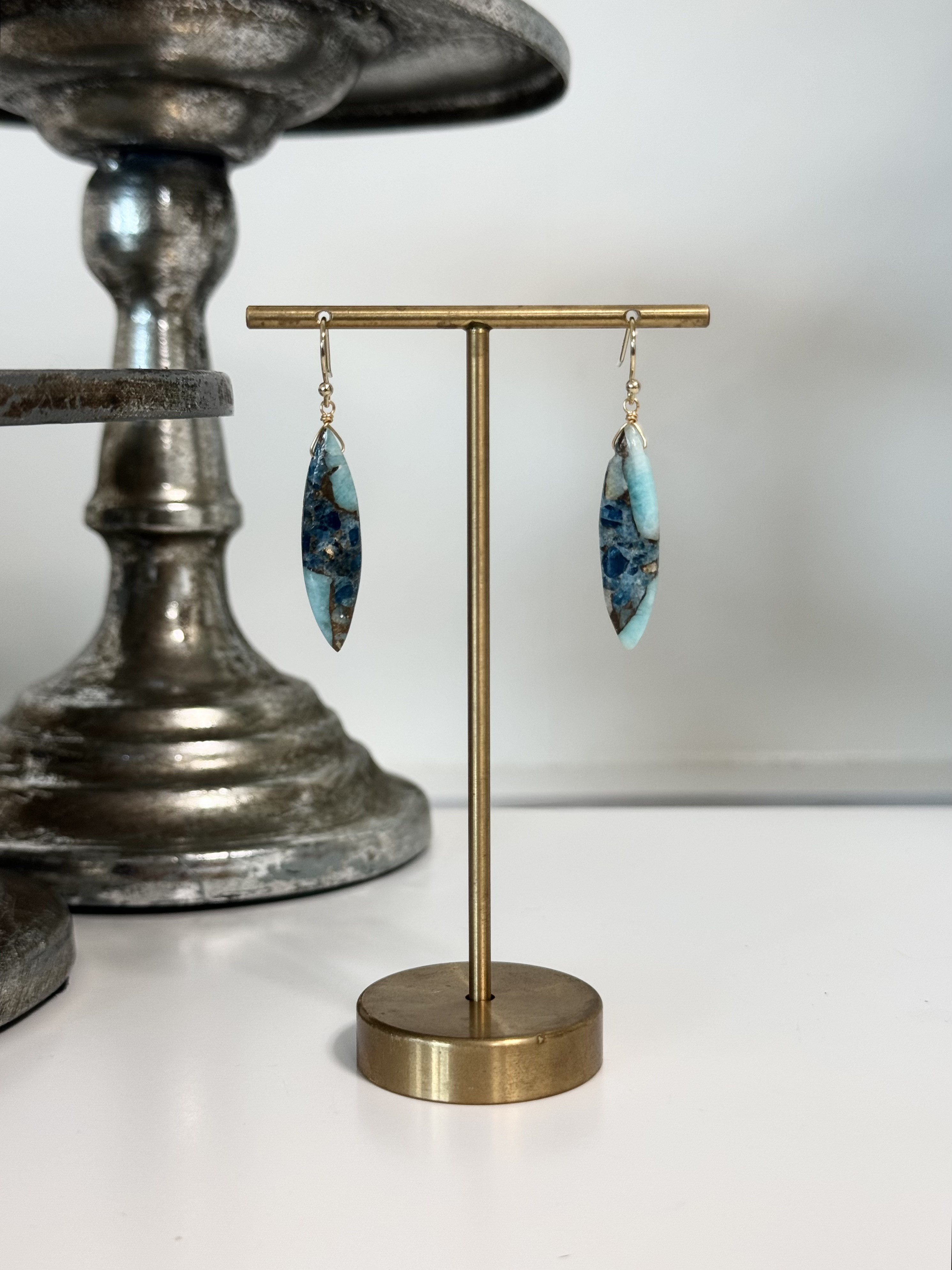 アパタイトカルサイトコッパーのマーキスピアス/金具変更可〈14kgf  K10  K18〉