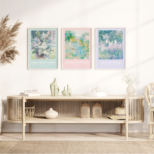 花の風景画 アートポスター 3枚セット アンティーク インテリア