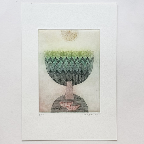 銅版画作品「パワーをいただき、深呼吸」フレーム入 版画 山田ミヤ