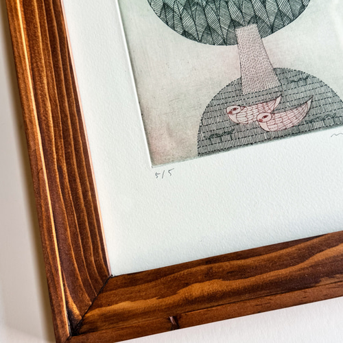 銅版画作品「パワーをいただき、深呼吸」フレーム入 版画 山田ミヤ