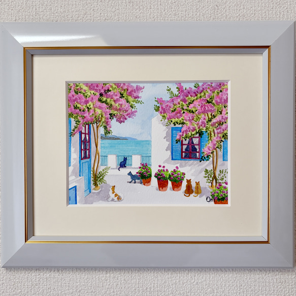 アクリル画　原画　「エーゲ海とブーゲンビリア06」額縁付　F0サイズ　風景画 エーゲ海とブーゲンビリア06」額縁付き 原画 アクリル画 F0