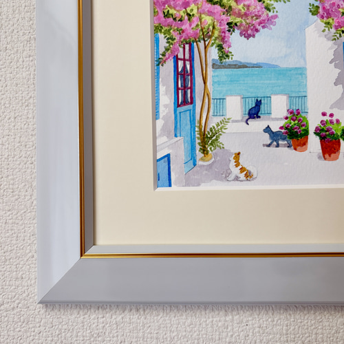 アクリル画　原画　「エーゲ海とブーゲンビリア06」額縁付　F0サイズ　風景画 エーゲ海とブーゲンビリア06」額縁付き 原画 アクリル画 F0