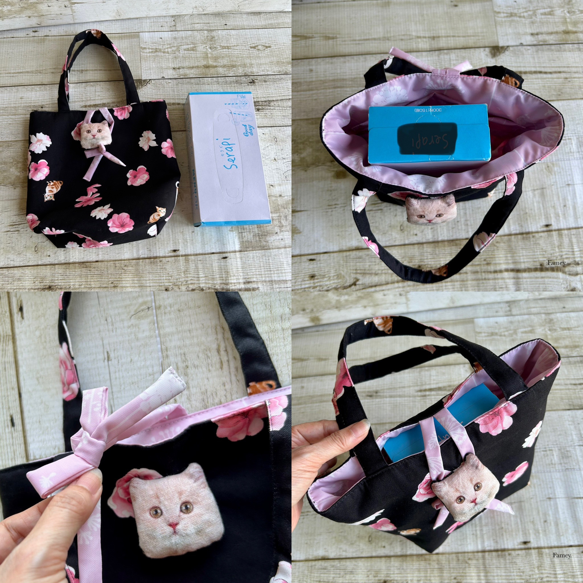 大人かわいいお花と猫ちゃんのトートバッグ　コットン　猫　リボン　flower