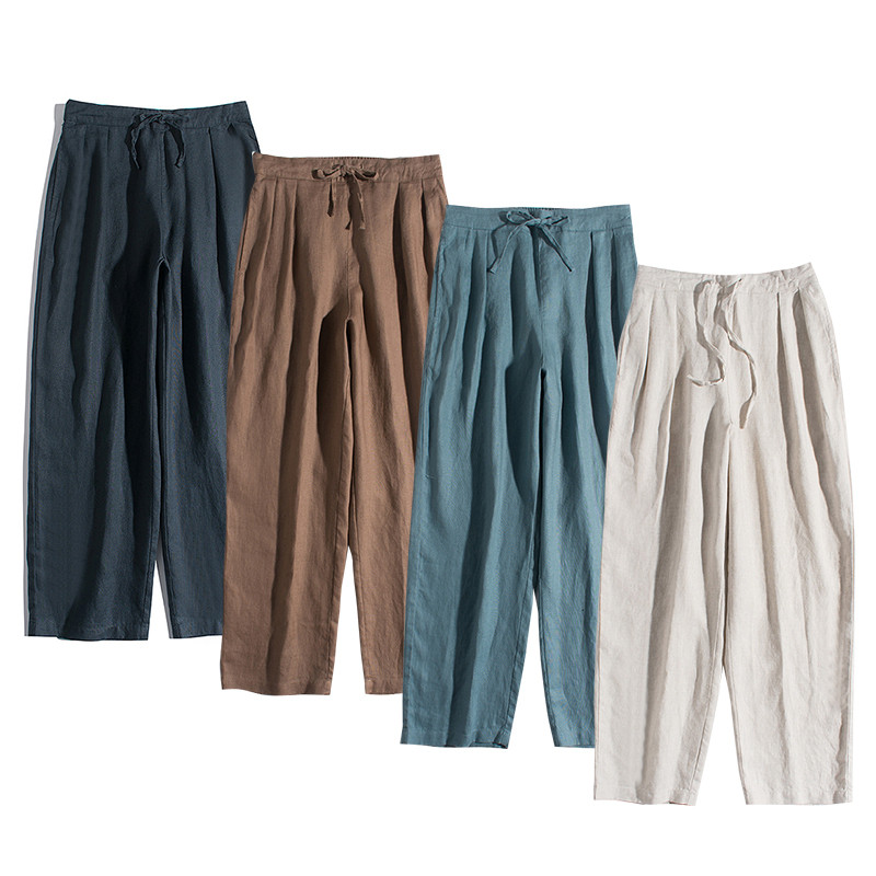 9分丈リネンパンツ　ゆとりゴムウエストリネンパンツ　4色　フリーサイズ　L679