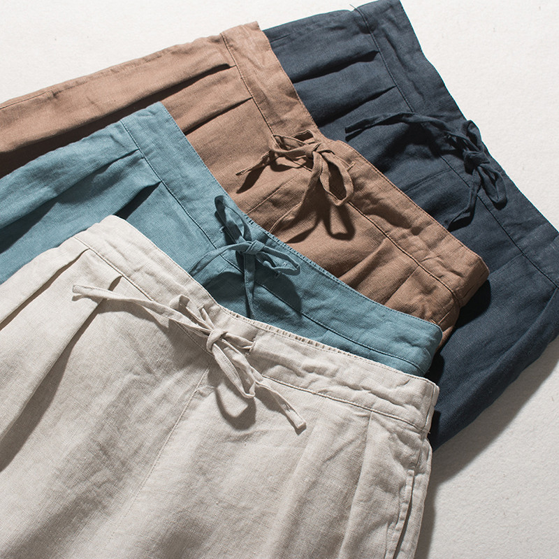 9分丈リネンパンツ　ゆとりゴムウエストリネンパンツ　4色　フリーサイズ　L679