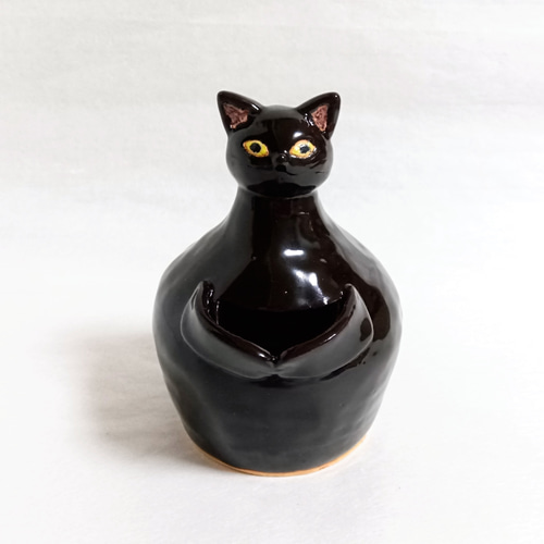 黒猫の花瓶 陶器 花器 クロネコ 一輪挿し・花瓶・花器 粘土工房ネコヤ