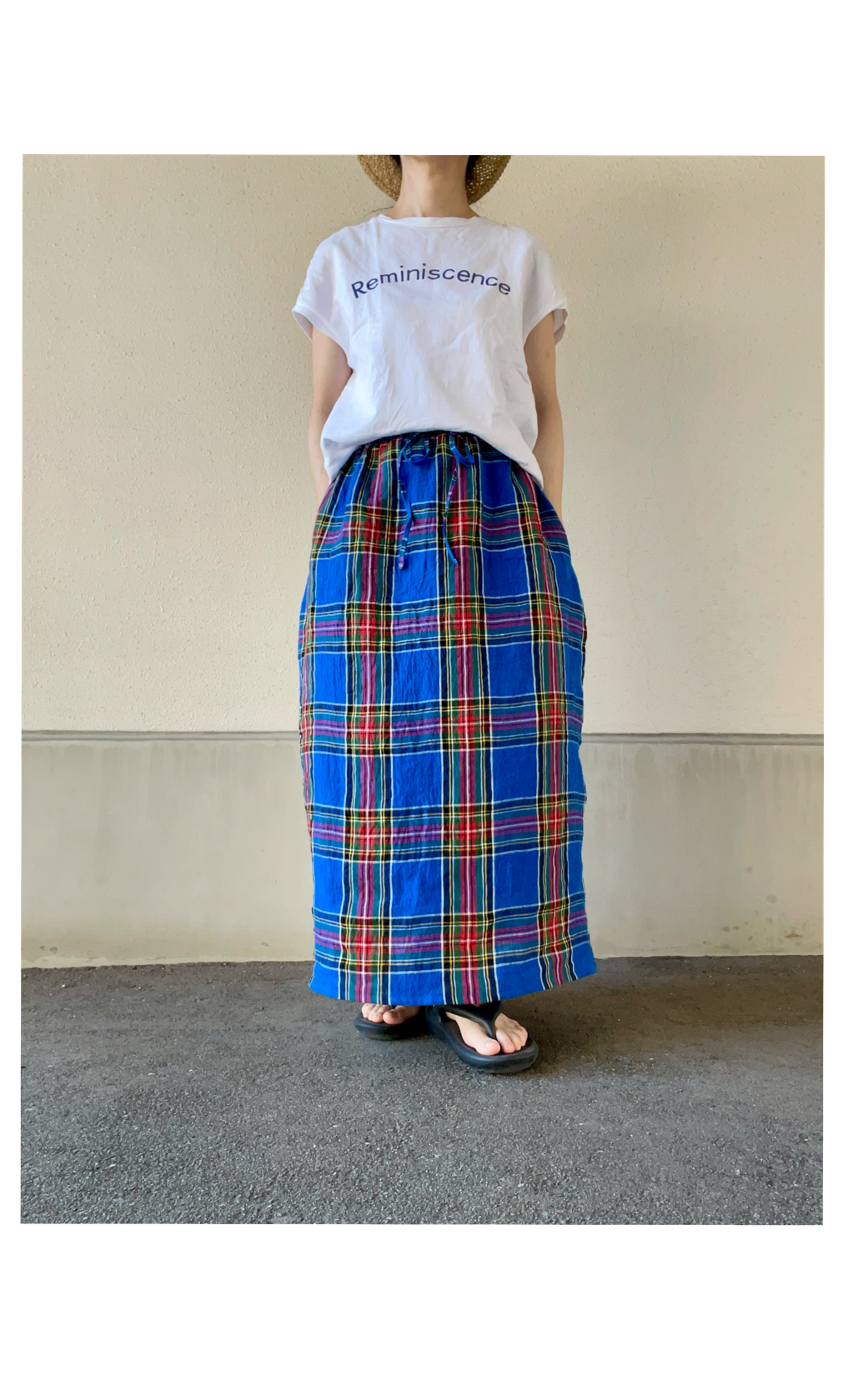 『creema限定』くったり東炊きリネン100% タータンチェックスッキリロングスカート(ブルー系)(受注制作)