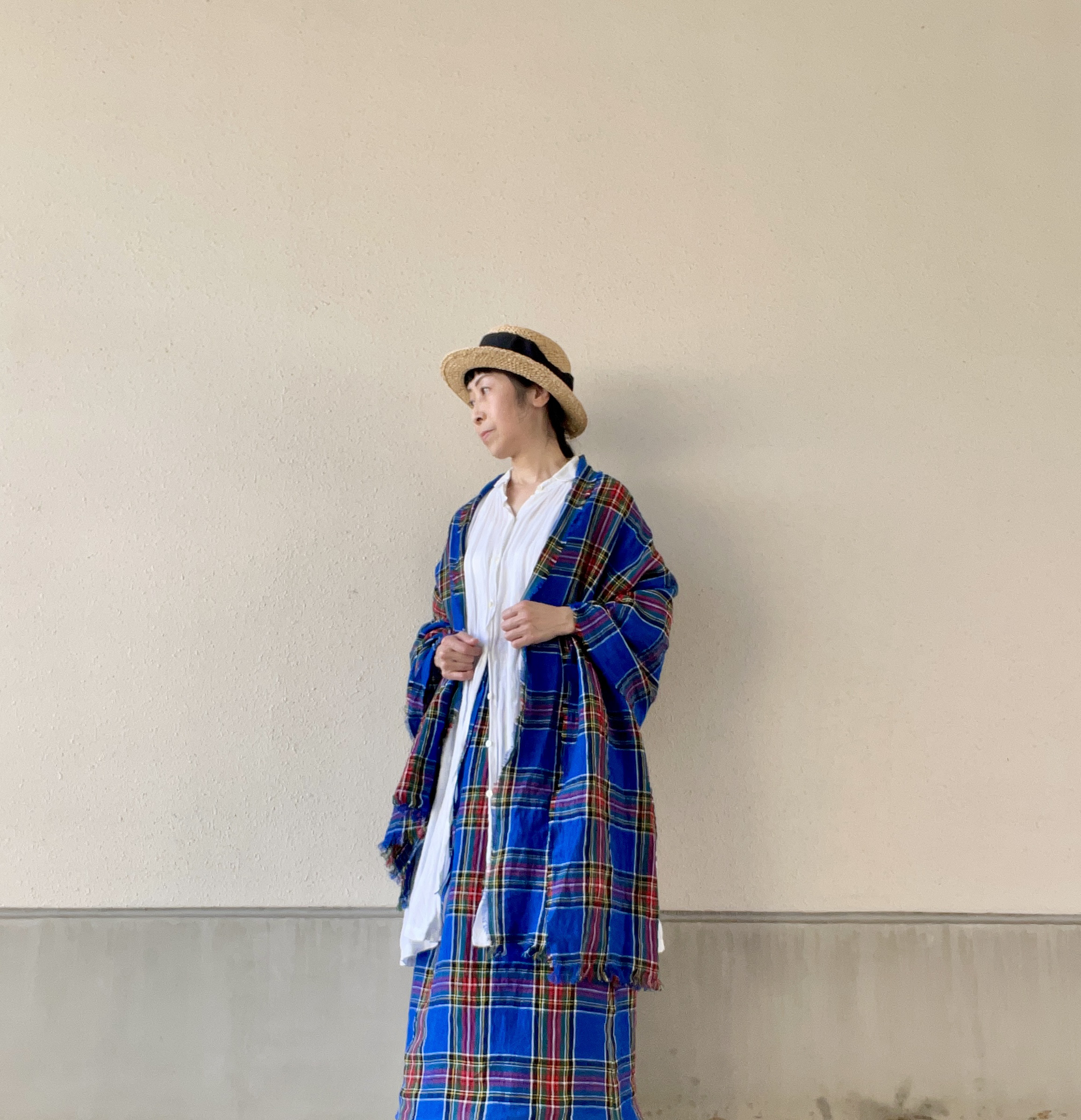 『creema限定』くったり東炊きリネン大人可愛い大判タータンチェックストール(ブルー系) (受注制作)