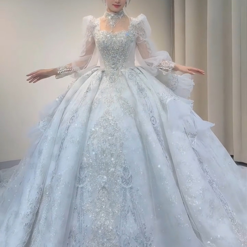 美品ネックレス 編み上げ サイズオーダー可能 シースルー袖 秋婚冬婚 