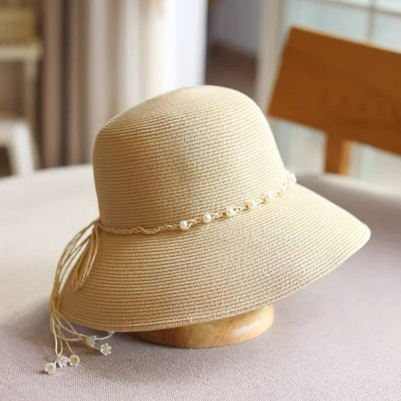パール調ビーズのナチュラル麦わら帽子　折りたたみ可・日よけハット・夏のレディース帽子  全2色
