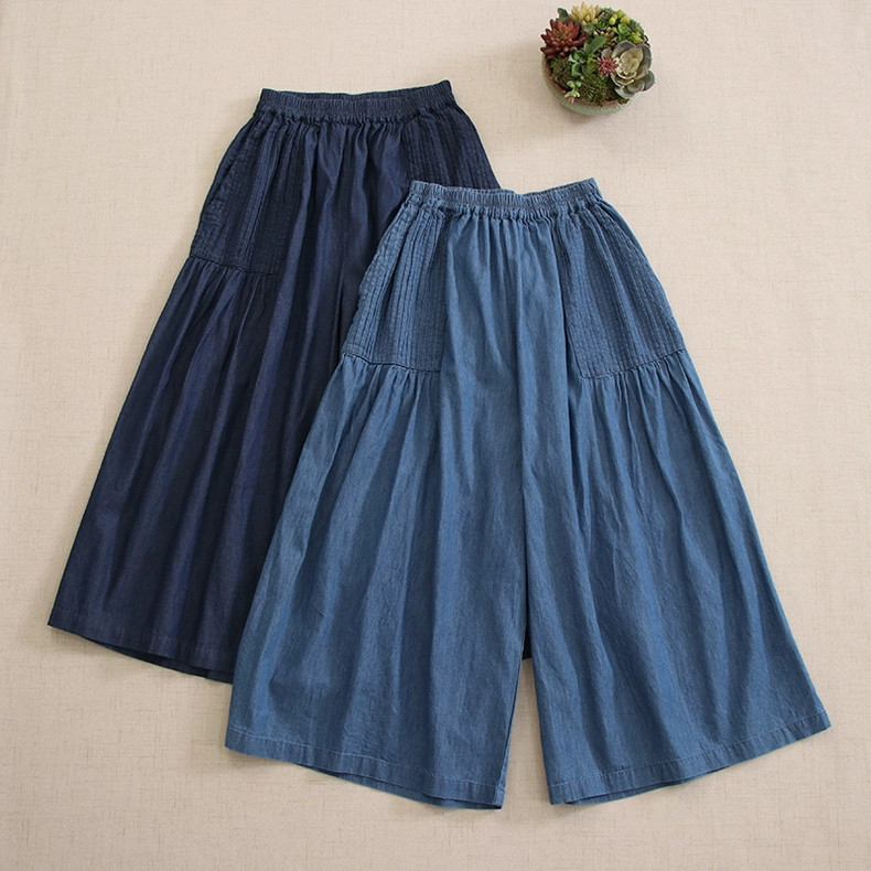 【デニム★ワイドパンツ★8分丈】定番のブルー│楽ちん夏服│体型カバー│ウエストゴム│森ガール│シンプル│B-50LB 5,104円