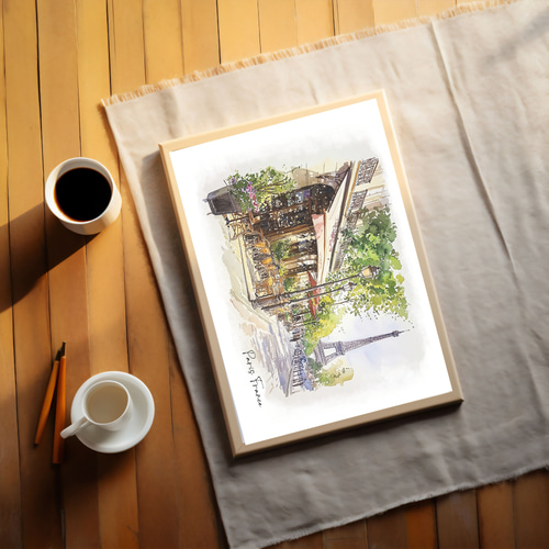 A4 パリの街並み 水彩画アート フランスの風景｜ヨーロッパアート