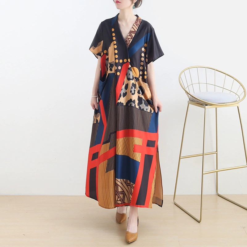 街中やリゾート地でも映える幾何学＆レオパード☆総柄プリントワンピース