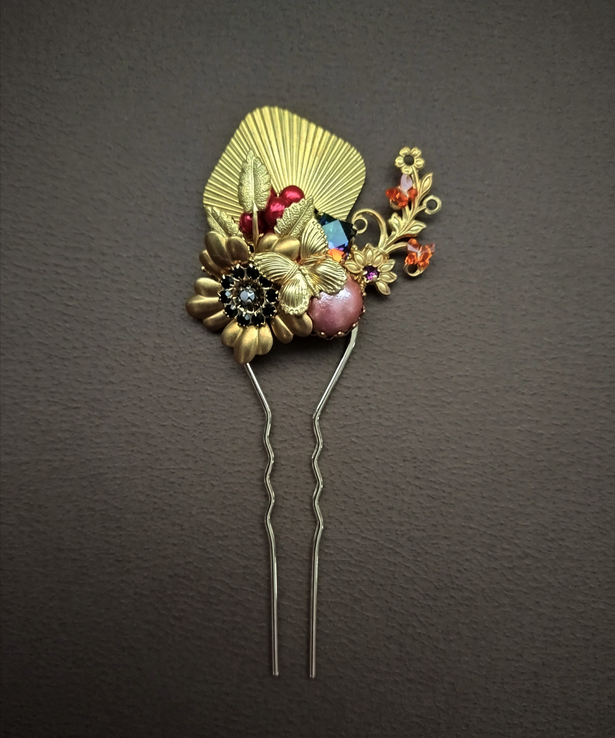 真鍮製  かんざし 簪 フラワー 蝶々 髪飾り ヘアアクセサリー 髪留め