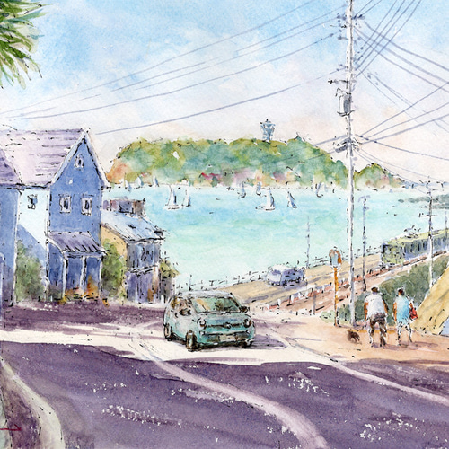 水彩画原画　緑の江の島 水彩画原画 緑の江の島と七里ガ浜2 ＃679 絵画 syoumei 通販