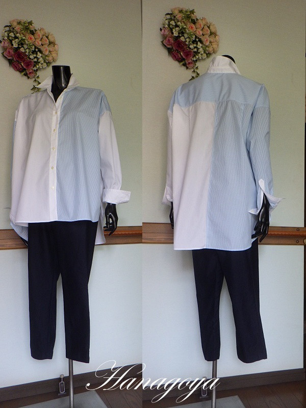 綿100％アシンメトリーシャツ（ストライプ＆オフホワイト）ML