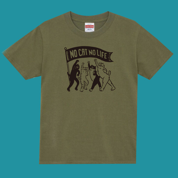 NO CAT NO LIFE Tシャツ オリーブに黒プリント Tシャツ PUKUPUKU堂