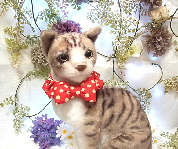 猫 首輪 シュシュ フリーサイズ 16～34㎝対応 赤ドット リボン