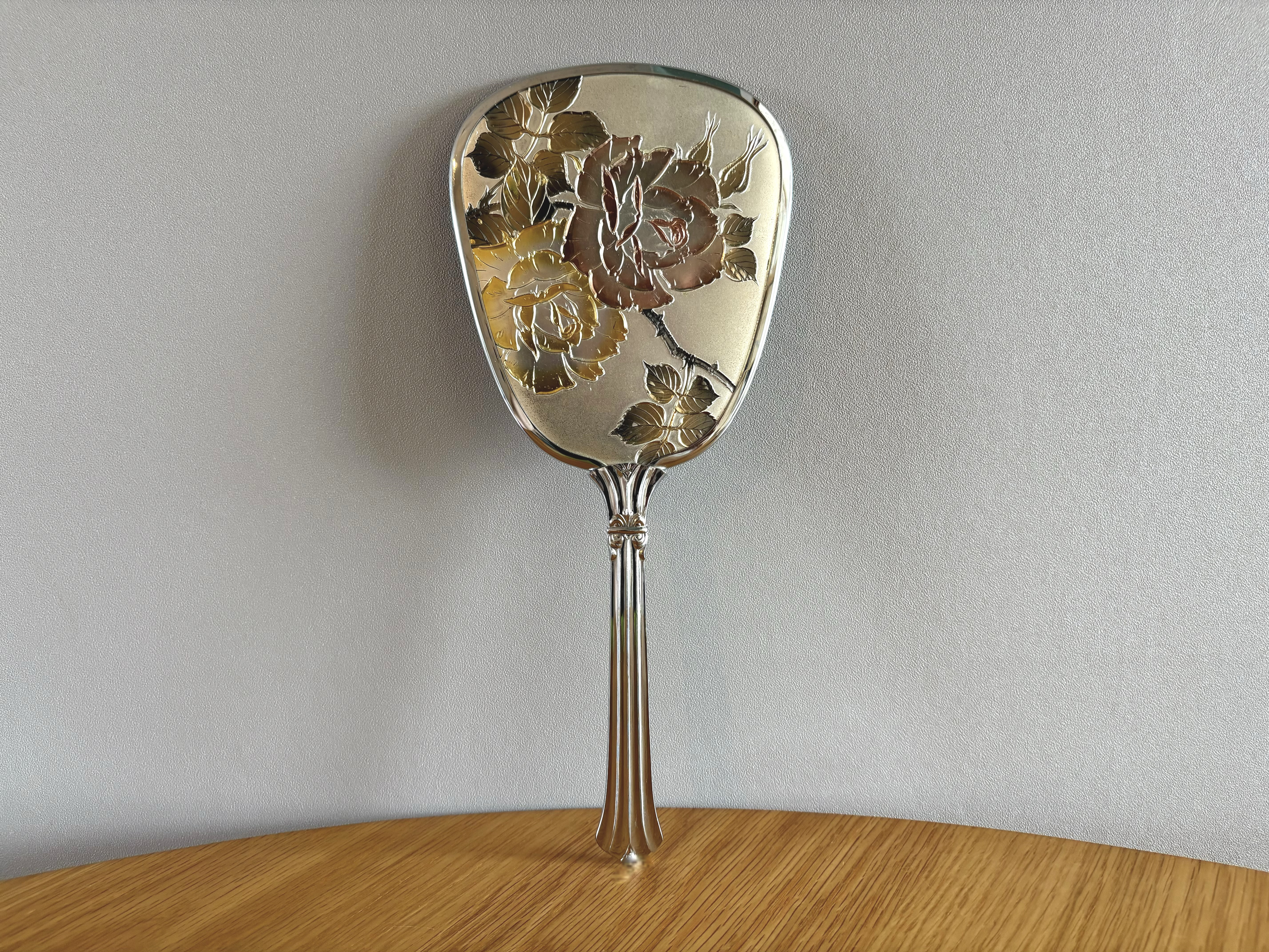 国産の古い薔薇の華が描かれた手鏡　ハンドミラー 手鏡 ヴィンテージ　アンティーク　昭和レトロ