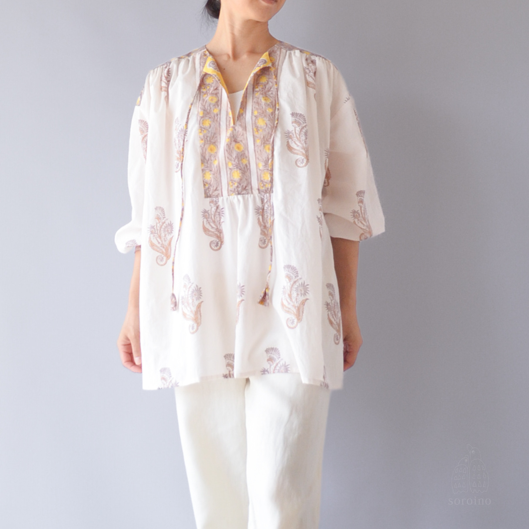 着心地◎ リラックスチュニックシャツ ブロックプリント　ベージュ & イエロー