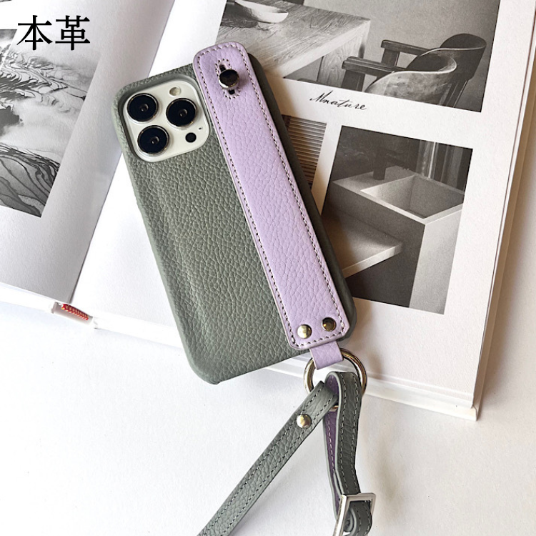 本革　名入れ可　隠しポケット付き　ハンドベルト付き 　バイカラー　ショルダー　レザーiphoneケース