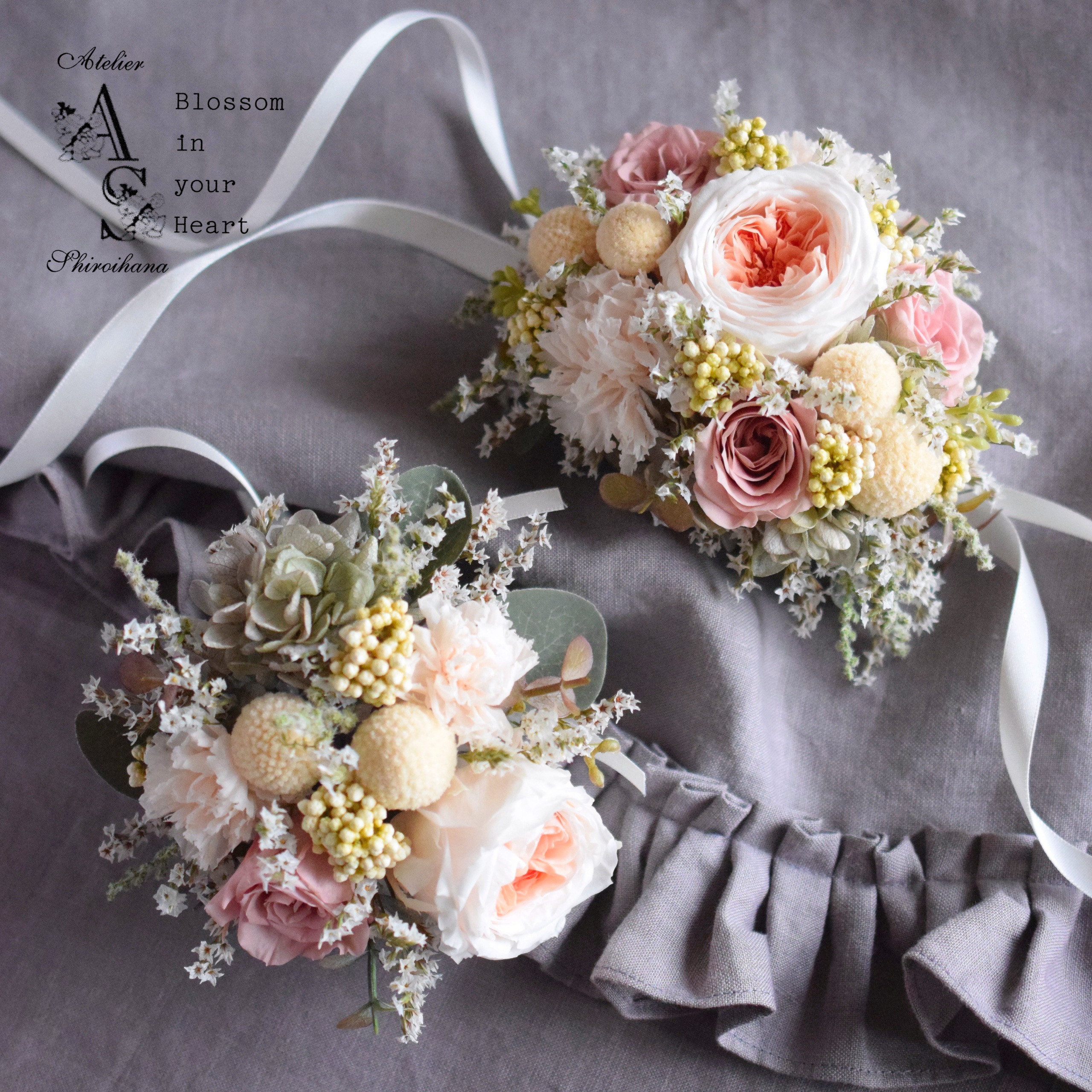 ⋆2点set⋆ ホワイトコーラル：クラシカルローズリストブーケ⋆ブートニア