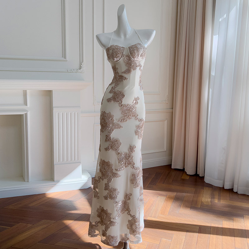 カラードレス ウェディングドレス ロング ノースリーブ 優雅 スリム 杏色 上品 おしゃれ 韓国風 お呼ばれ 69344