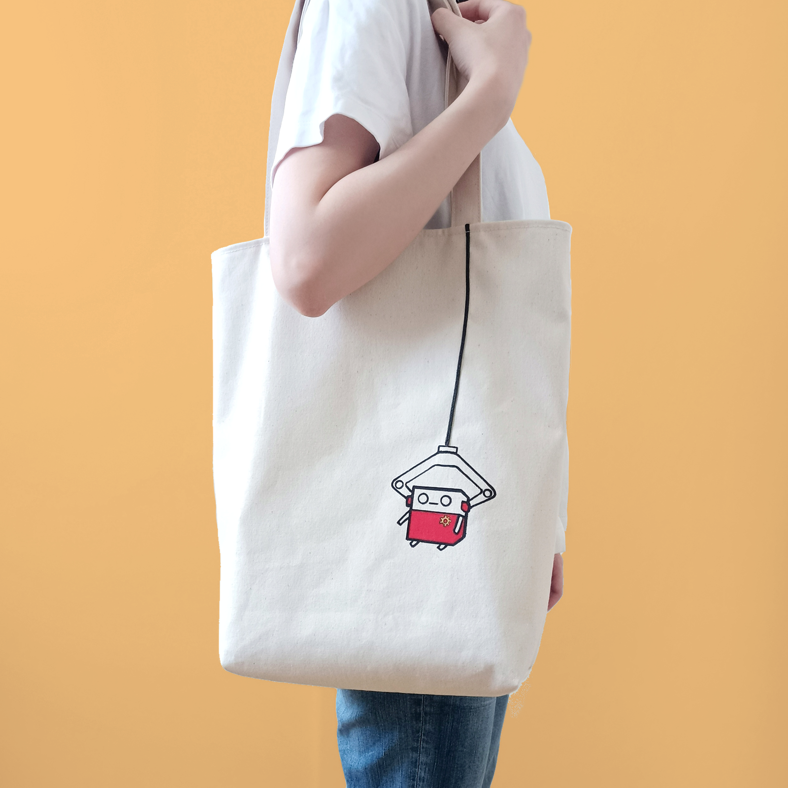 A4が入るロボchiの手描き帆布トートバッグ ┃ ロボット 個性的 大きめバッグ